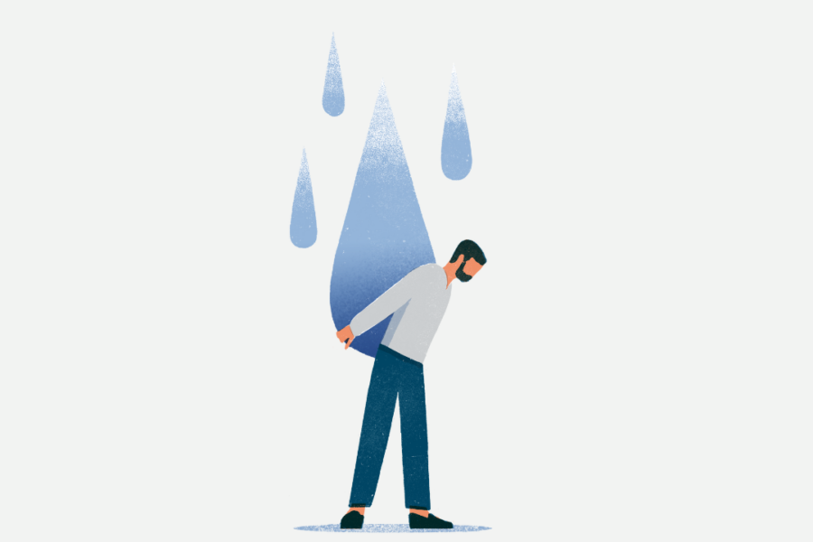 Illustrasjon hvor en mann bærer en bør av tunge tårer