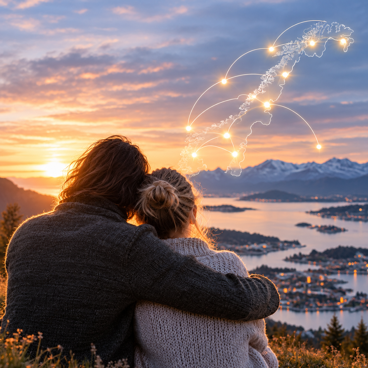 Solnedgang over fjorden med håp